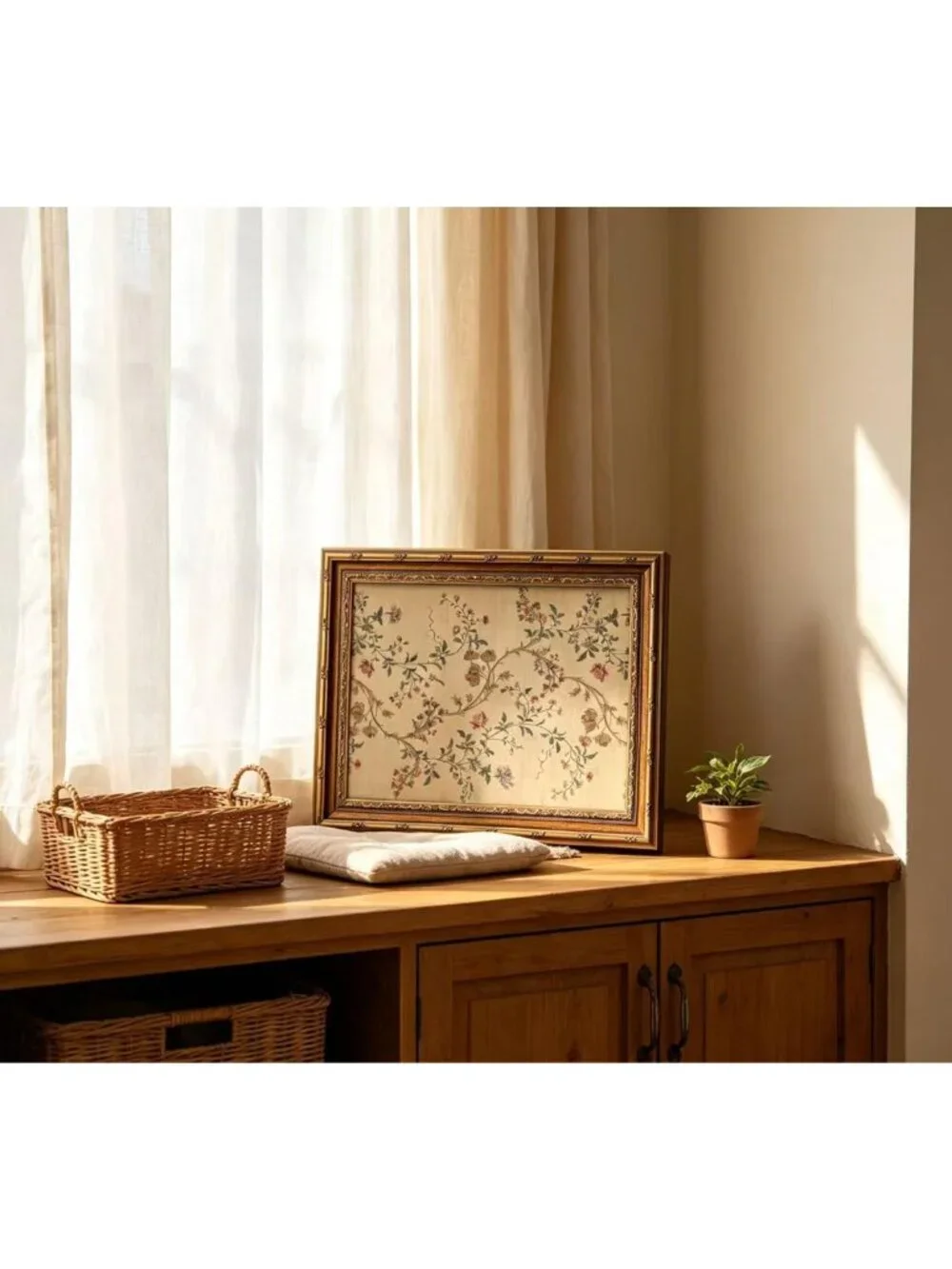Vintage Floral Vine Wall Art - Elegant Beige Botanical Canvas Print 12x16in